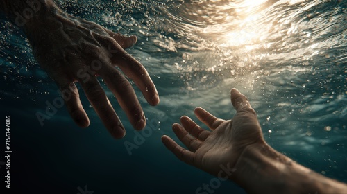 Jesus reaching out to save Peter beneath the waters in a moment of faith and rescue.