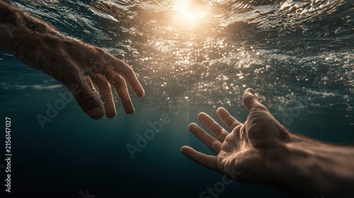 Jesus reaching out to save Peter beneath the waters in a moment of faith and rescue.
