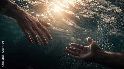 Jesus reaching out to save Peter beneath the waters in a moment of faith and rescue.
