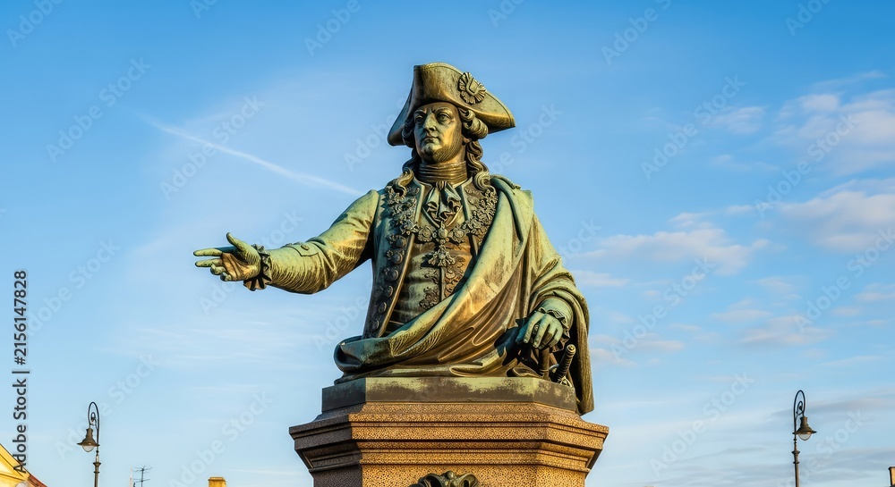 Obraz premium A detailed bronze statue stands as a historical monument in an old city square, featuring intricate carvings and a textured stone base, foundation, detail, antique
