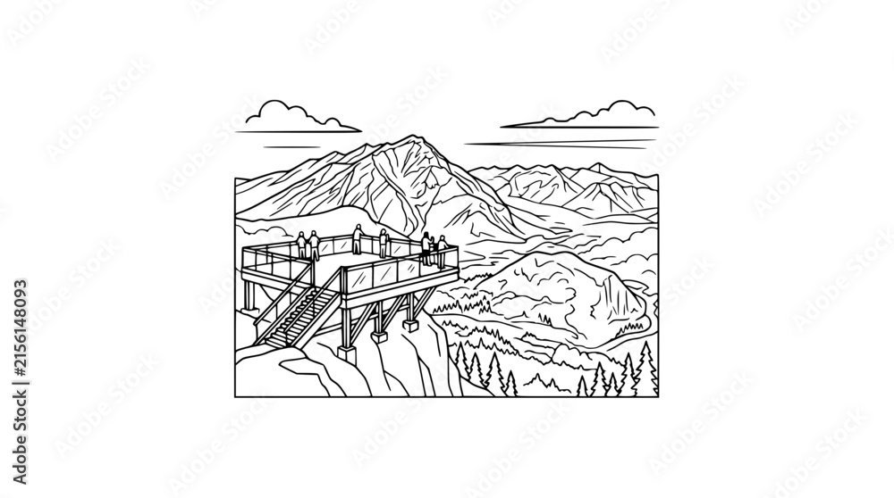 Fototapeta premium People enjoying scenic mountain view from high altitude observation deck illustration