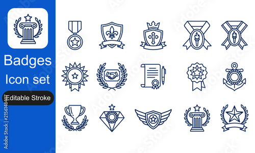 Badges icon set featuring crest shield medal award trophy certificate anchor and laurel wreath line icons