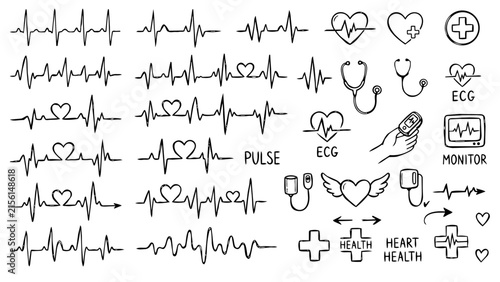 Heartbeat Pulse Line and Cardiogram ECG Vector Doodle Set