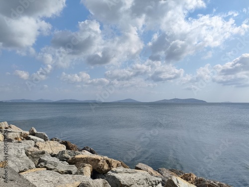 Canvastavla Beautiful seascape view of Marmara sea with islands under blue sky and white clo