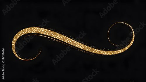 Elegant shimmering gold glitter flourish swirl on black background