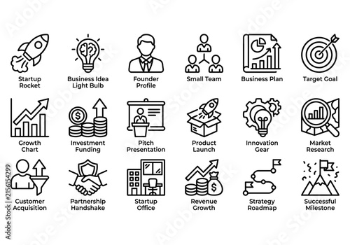 Startup business vector icons set with outline enterprise symbols