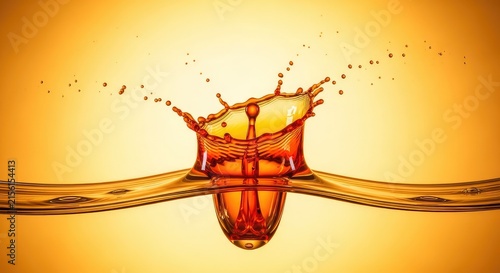 Vibrant orange liquid splashes into a clear oil wave creating a brilliant abstract scene with a glowing golden background for creative design, pattern, artistic, swirl