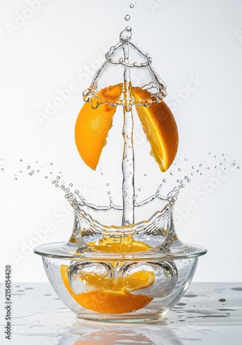 Vibrant orange slices crash into a bowl of water, triggering a dramatic explosion of droplets and liquid crown splashes on a white surface, fresh, vibrant, wellness