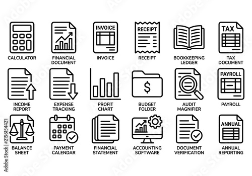 Accounting and tax outline icon set for business finance