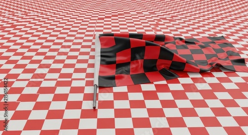Vibrant red checkered surface serves as a backdrop for a classic black and red checkered flag, evoking speed and competitive racing themes, stylish, speed, design