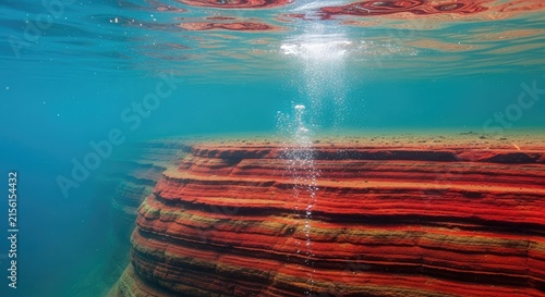 Vibrant red layers of oxidized iron sediment beneath primeval waters show the transformative impact of oxygen on early life and geology, prehistoric, landscape, oxygen