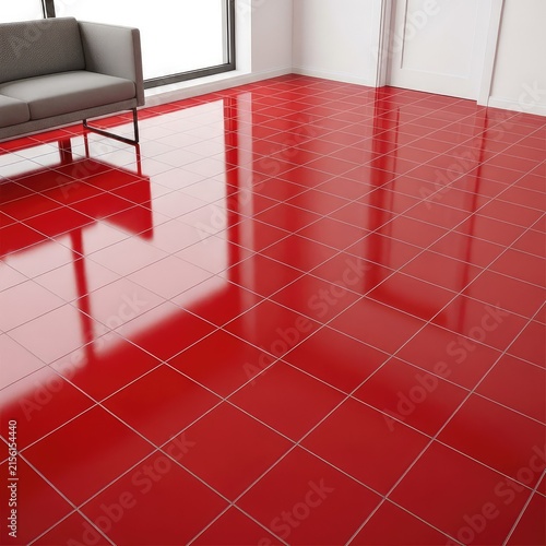 Vibrant red polished tiles with a high gloss finish glisten in a modern interior, offering a bold statement of color and contemporary style, modern, texture, indoor