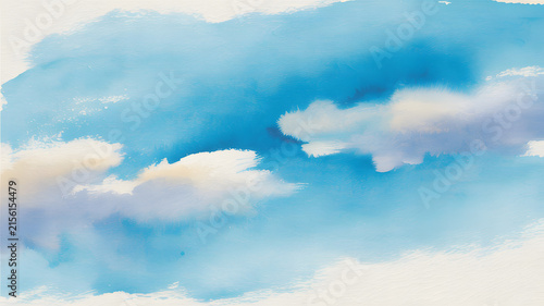 Serene Watercolor Sky Painting With Fluffy White Clouds on Blue Background