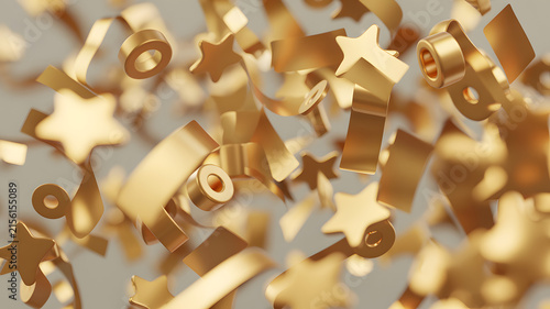 Festive gold confetti and stars floating in motion on background