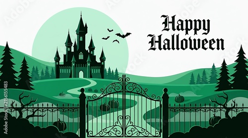 Happy halloween greeting card with spooky castle and iron gate