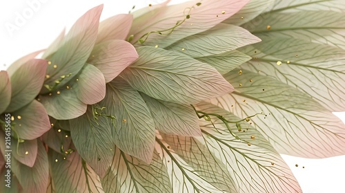 Pastel green and pink leaves with gold glitter particles on a white background