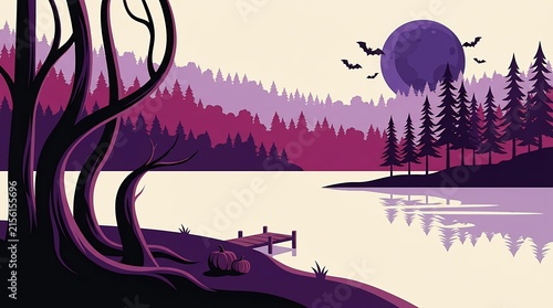 Spooky halloween landscape with full moon bats and a lake at night