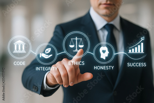 Circular Icons With Business Concepts And A Man Pointing At One