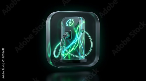 Electric vehicle charging station icon with glowing neon green energy lines on black background