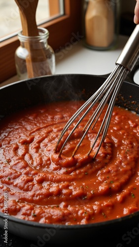 Stirring Simmering Marinara Sauce in Cast Iron Pan