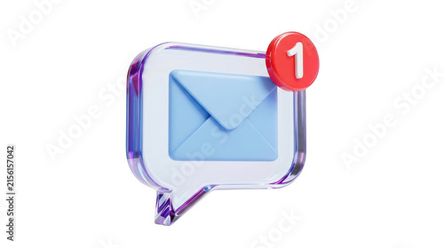 3d render of a glass speech bubble with a blue envelope and a red notification badge isolated on transparent background