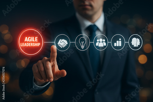 Agile leadership concept with hand touching illuminated circular icons on dark background