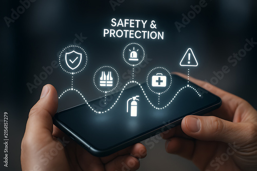 Safety And Protection Icons Displayed On A Smartphone Screen Illuminated