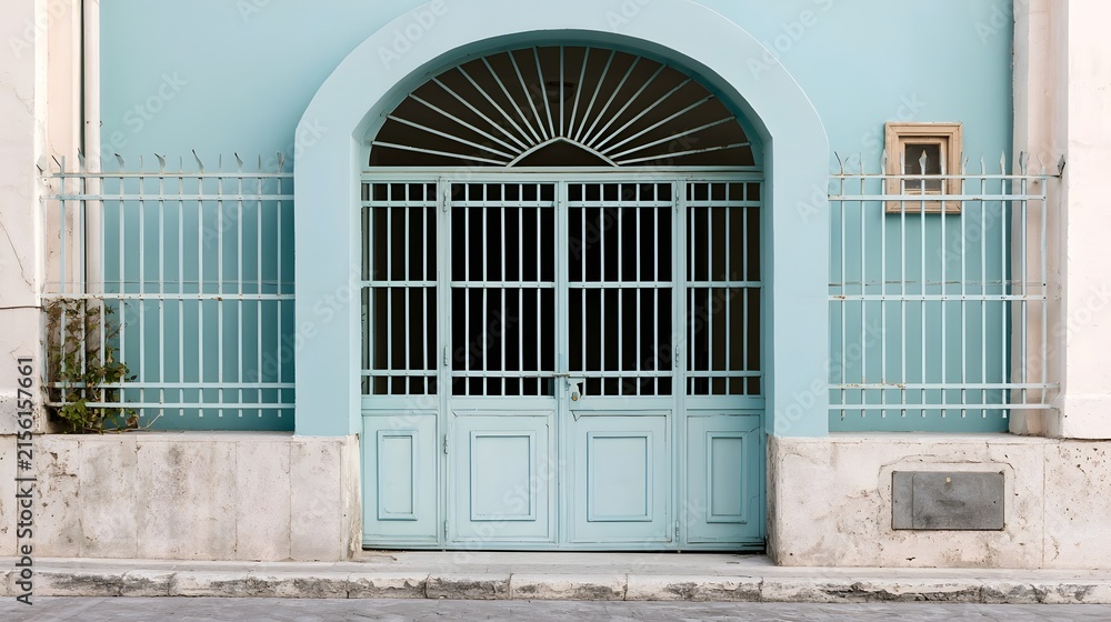 Obraz premium A pastel blue arched doorway with metal security bars and a sunburst window above set against a weathered building facade