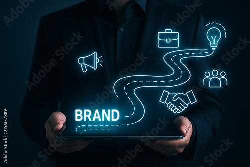Brand Journey Illustration With Megaphone Briefcase And Handshake Elements branding
