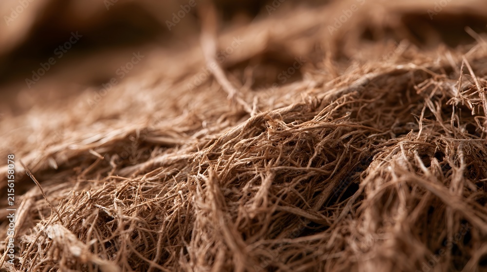 Naklejka premium Close up of textured brown fibrous strands forming a dense organic surface under warm lighting
