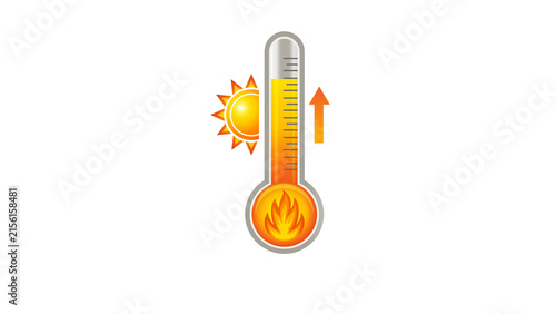 High temperature thermometer vector graphic showing rising red heat level with flame bulb and sun symbol isolated on white