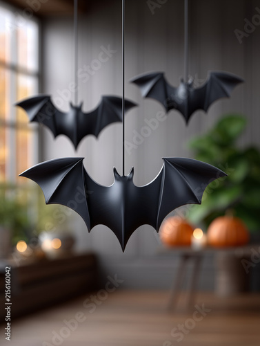 Flying bat decorations with blurred Halloween room background