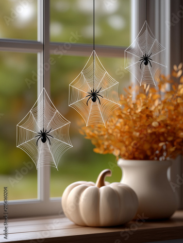 Decorative spider web with plastic spiders hanging indoors
