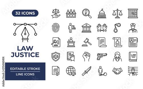 Canvas Print Law and justice icons set with editable stroke for legal documentation court procedures and compliance