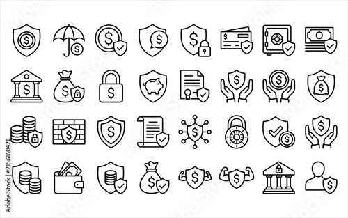 Photography Financial security linear icons set featuring bank vault shields and money protection for banking app