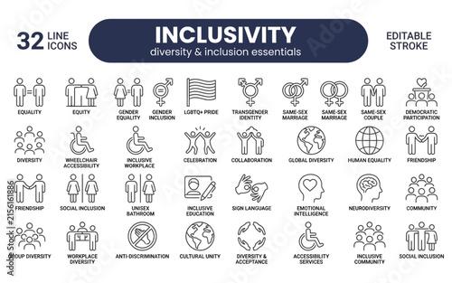 Bild auf Leinwand Inclusivity diversity line icon set featuring human and social symbols for equitable corporate designs