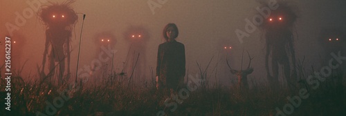 A lone figure stands amidst a haunting, overgrown landscape, confronted by enigmatic, moss-covered entities.
