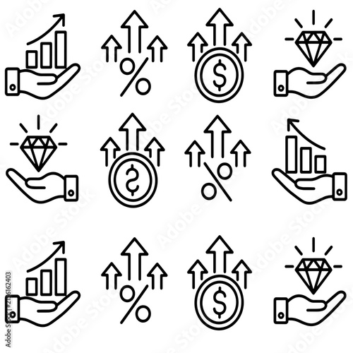 Growth and finance icons illustrating increase and value. Editable stroke