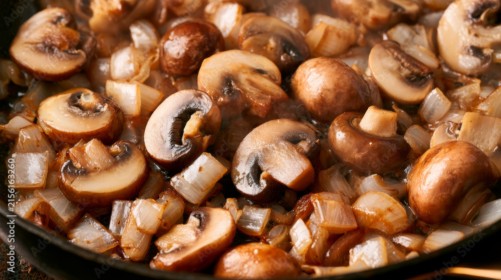Fototapeta premium Macro Close Up of Sliced Mushrooms and Diced Onions Cooking in Skillet