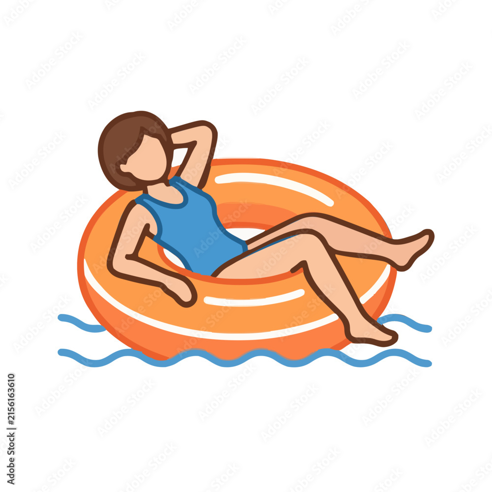 Fototapeta premium Woman relaxing in orange inflatable pool float on a sunny summer day, enjoying leisure time by the water