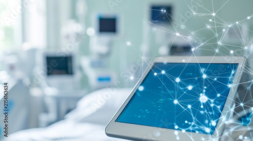 Smart Hospital Room With Connected Medical Devices Patient Healthcare Maintenance Display, medical technology service, AI diagnostic solutions, connected healthcare support