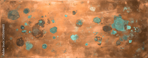Old oxidized copper metal sheet background with green patina stains, corrosion spots and weathered texture pattern