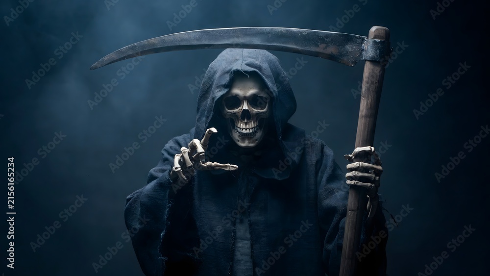 Obraz premium Scary zombie man with bloody axe growling in dark foggy horror scene for Halloween