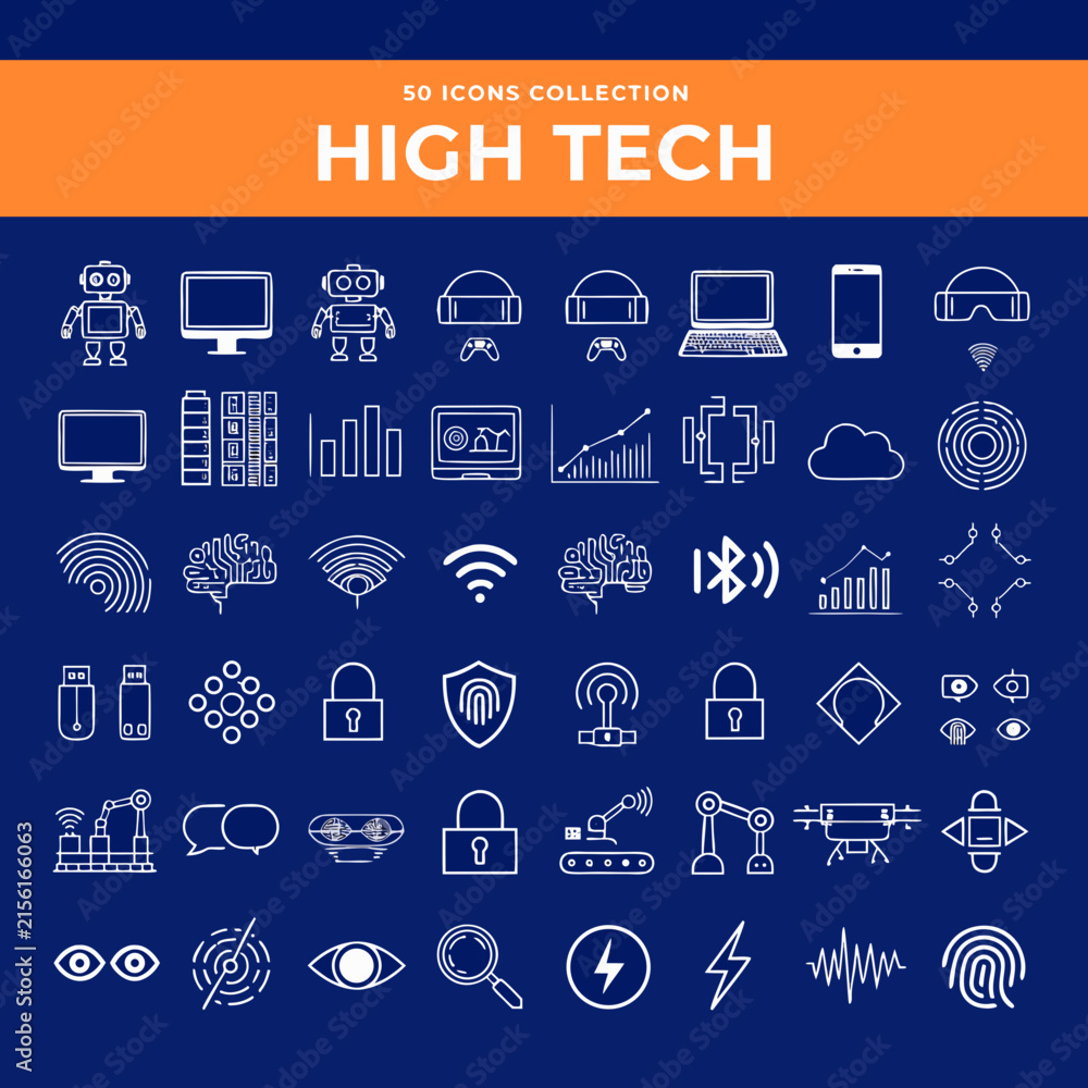 Naklejka premium High tech icons collection modern technology symbols for digital innovation and futuristic concepts.