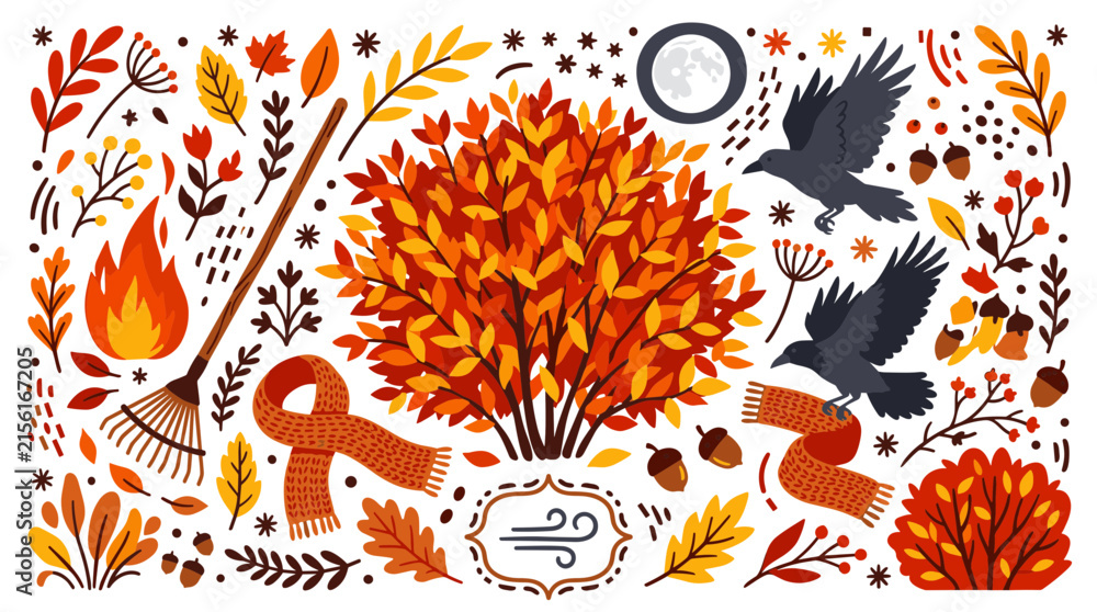 Naklejka premium Autumn and nature vector icons with leaves, scarf and ravens for branding design in minimal style