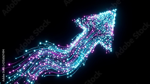 Glowing digital arrow showing business growth and financial success on black background