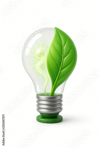 Green energy bulb — Light Bulb with Leaf Isolated on White