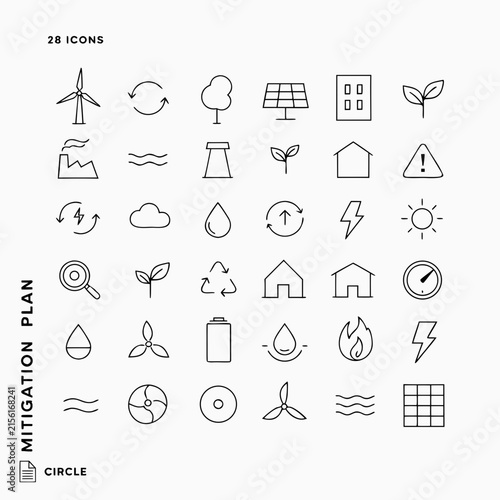 Environmental mitigation plan icons for renewable energy sustainable development and ecology.