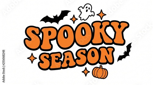 Colorful spooky season lettering with halloween elements like ghosts bats and a pumpkin