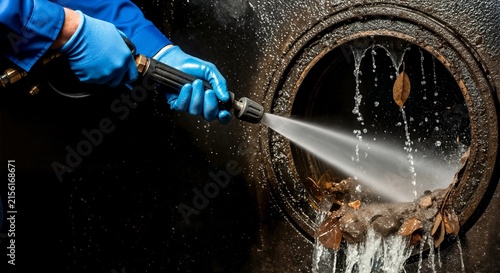 Worker flushing sewer pipe with high pressure water jet. Clearing drain blockage and debris. Municipal sanitation service
